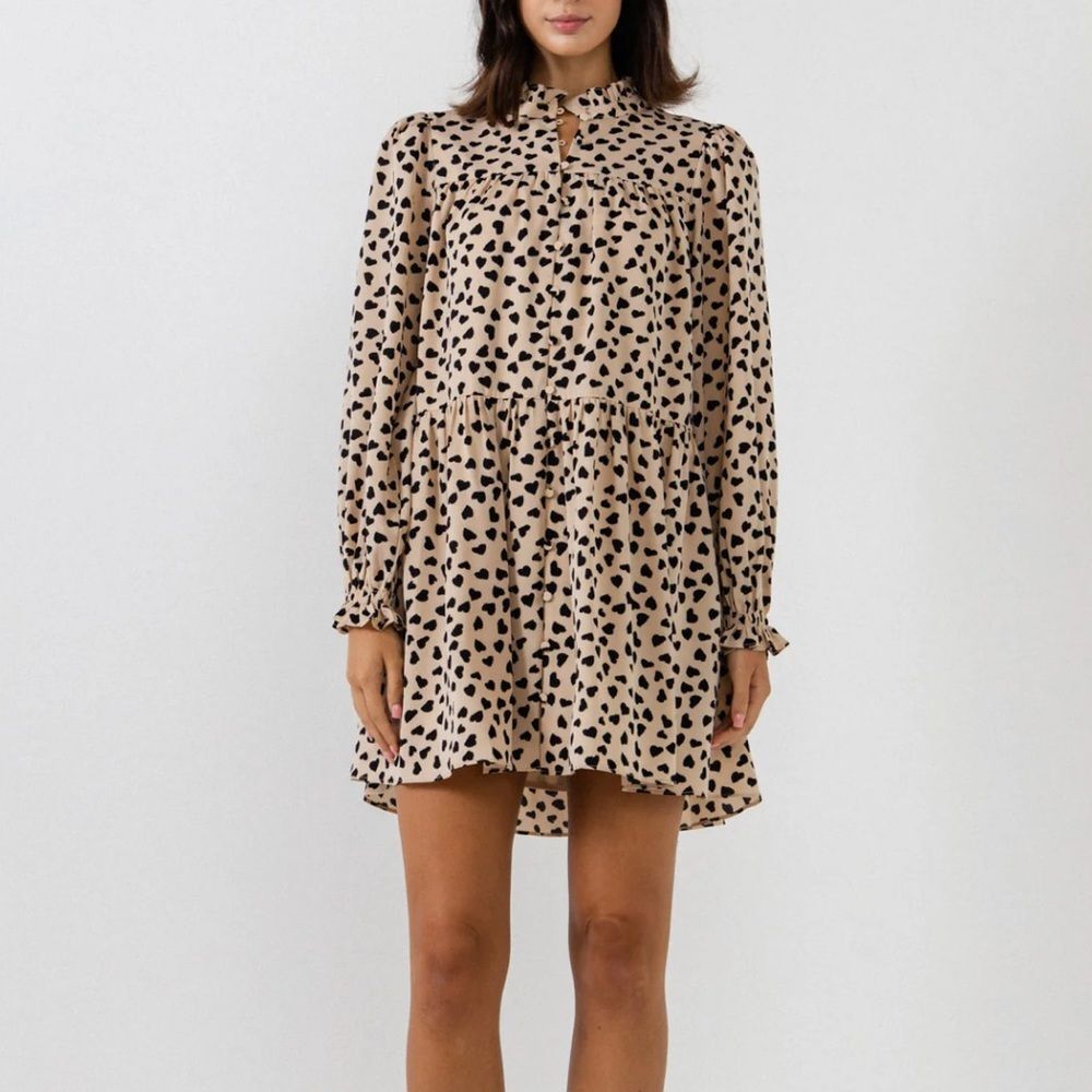 English Factory Dotted Tan and Black Long Sleeve Dress